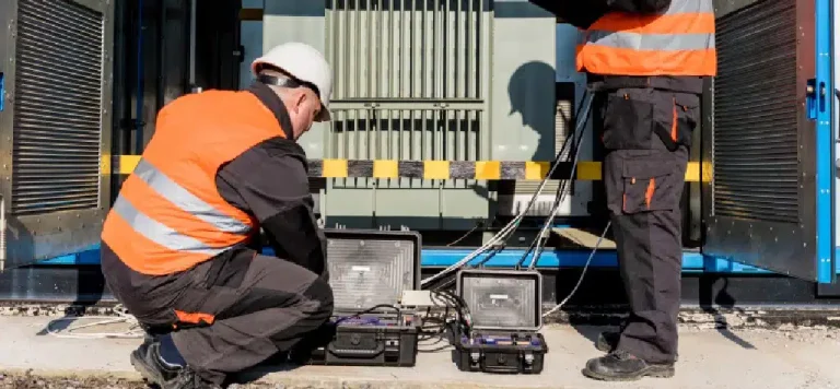 Dos trabajadores inspeccionando una estación eléctrica