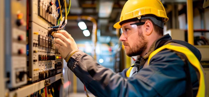 Electricista inspeccionando componentes eléctricos en instalación industrial