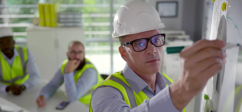 Experto de RTL con clientes en una sala mostrando que es la declaración de cumplimiento para una construcción